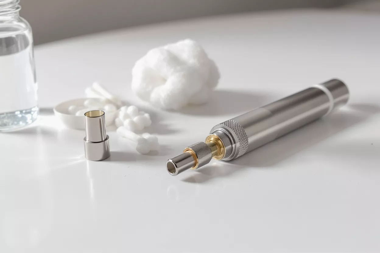 Vaping device with cleaning cotton and water