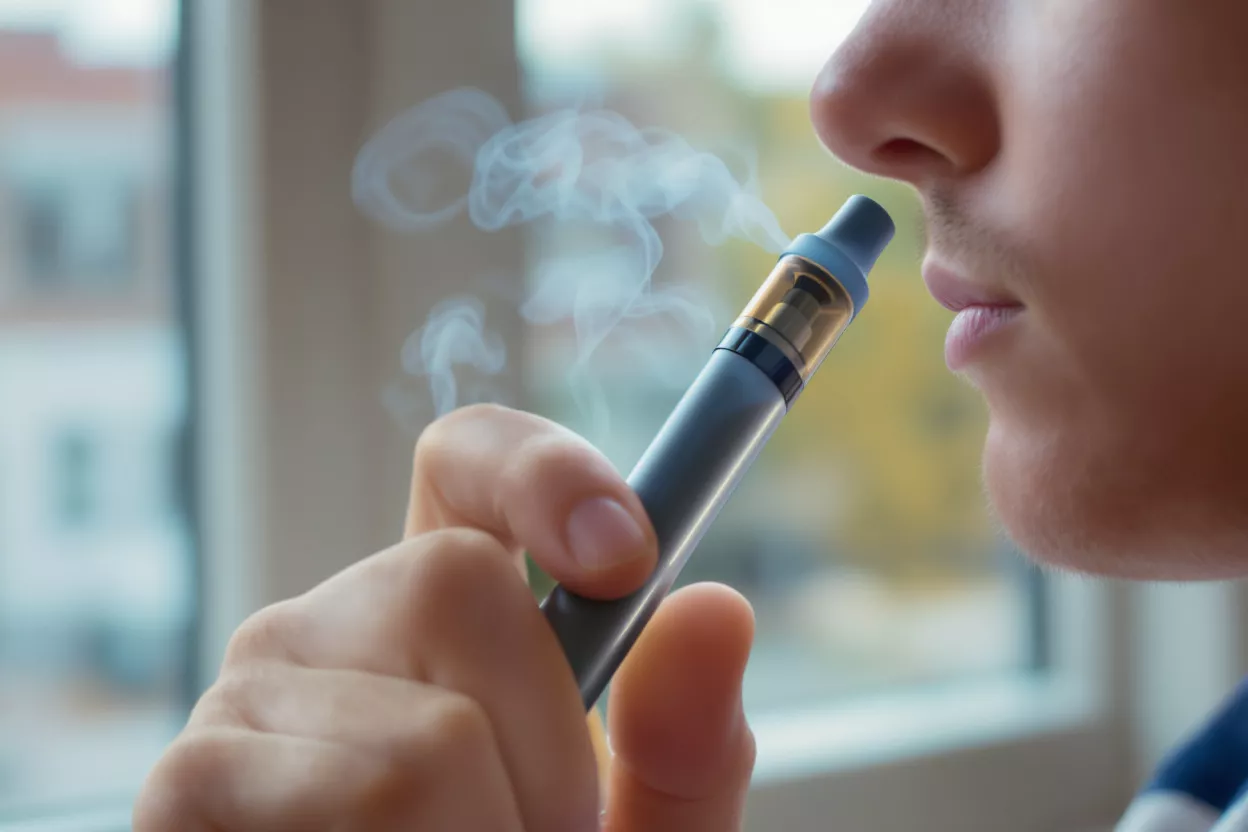 Person using a vaping device indoors