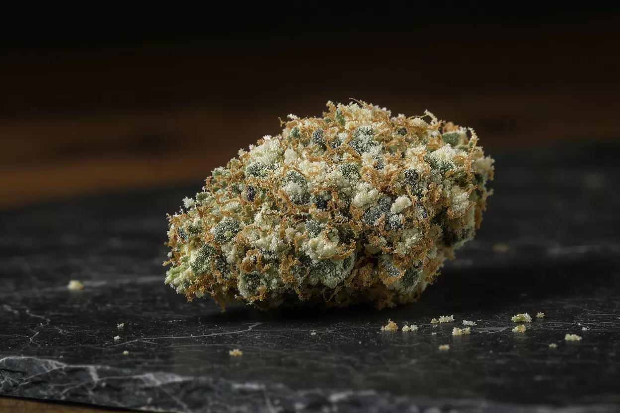 A single, dense cannabis bud covered in white trichomes and orange hairs on slate.