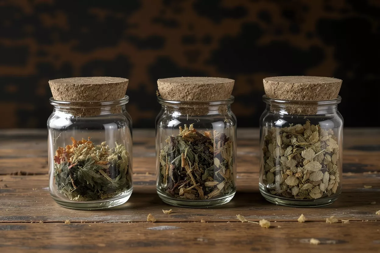 Three small glass jars with cork lids filled with different dried herbal tea blends.
