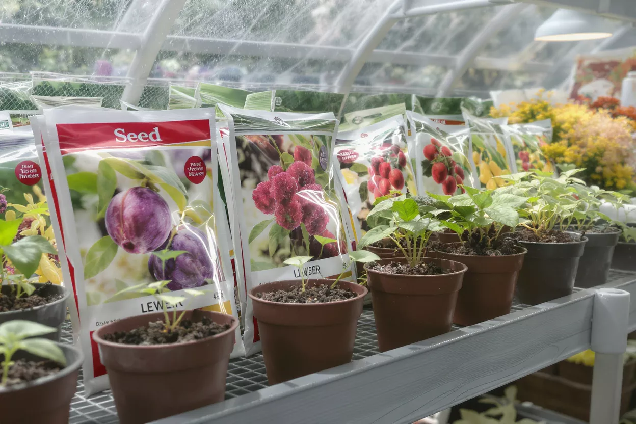A row of young plant seedlings in pots on a greenhouse shelf with seed packets.