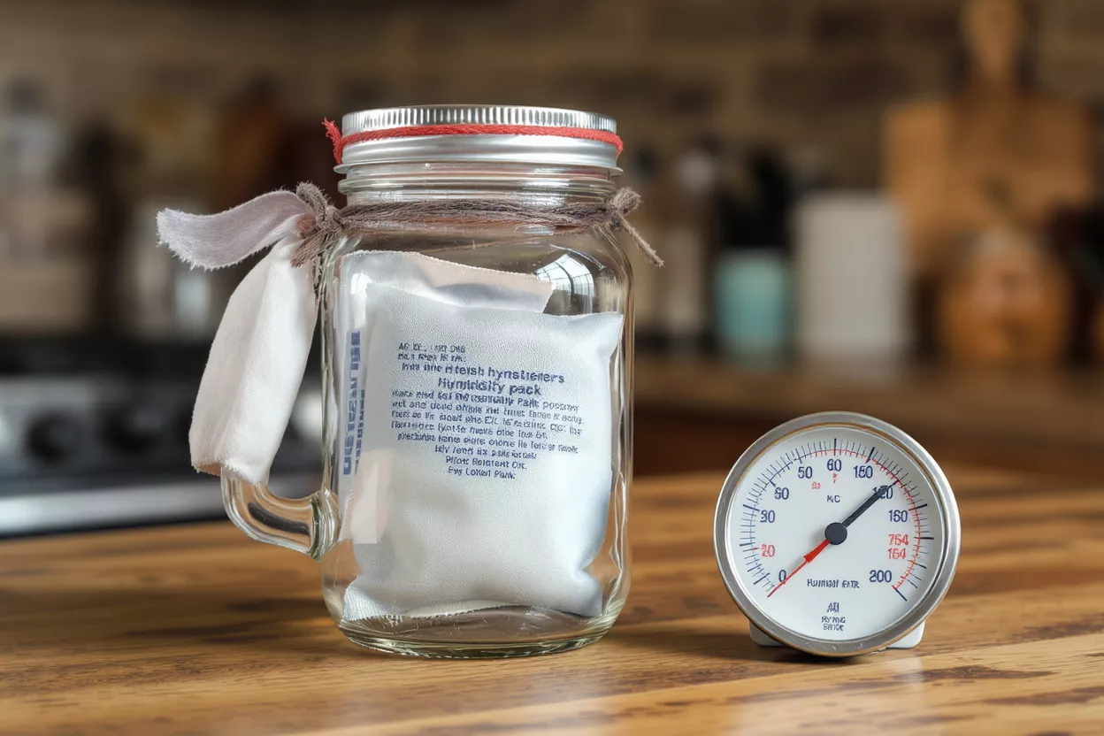 A glass jar with a humidity pack and a thermometer on a wooden surface.