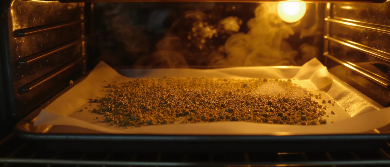 Close-up of herbs drying on a baking sheet in a warm oven with steam.