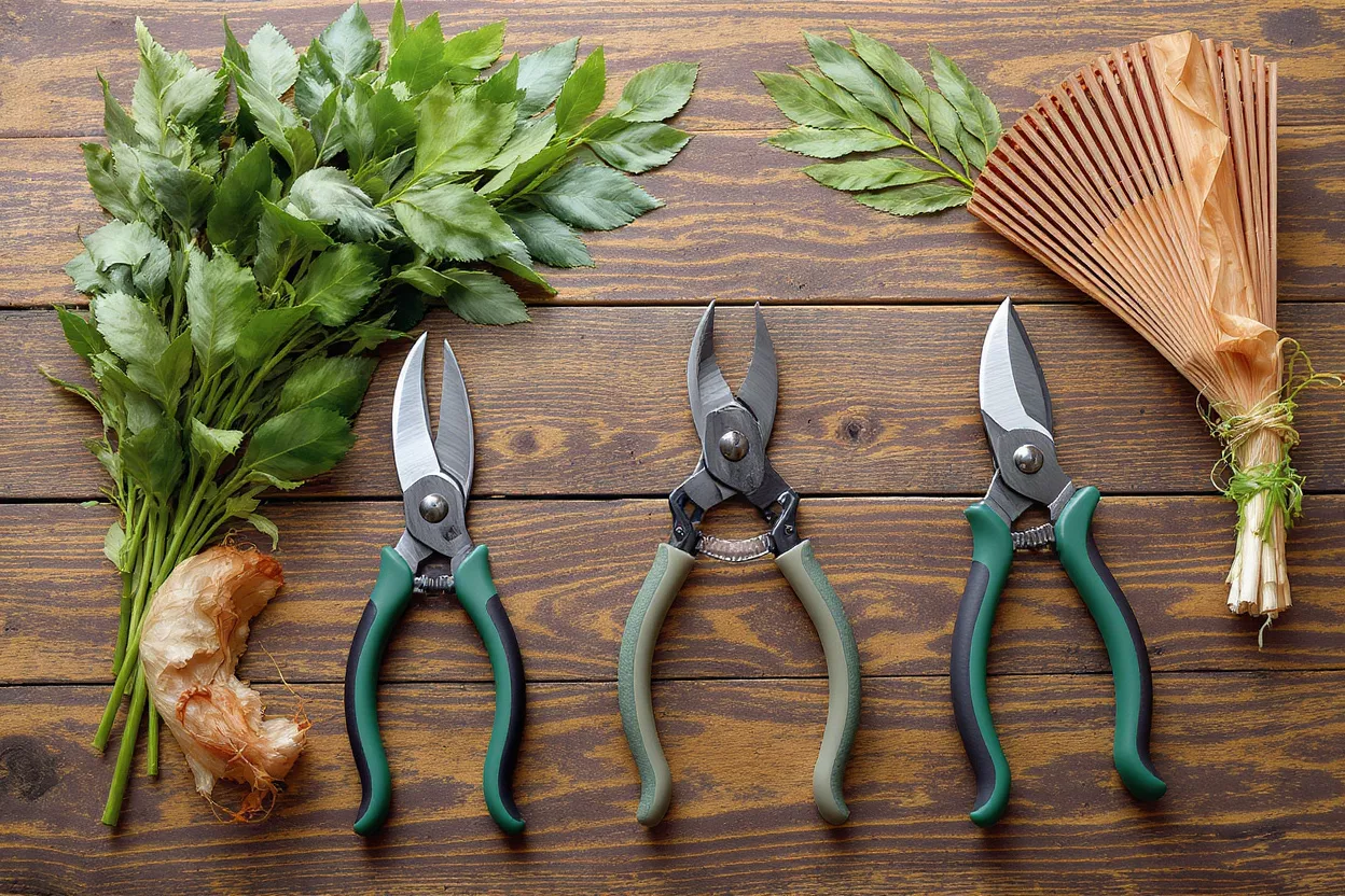Pruning shears and fresh herbs on a wooden surface
