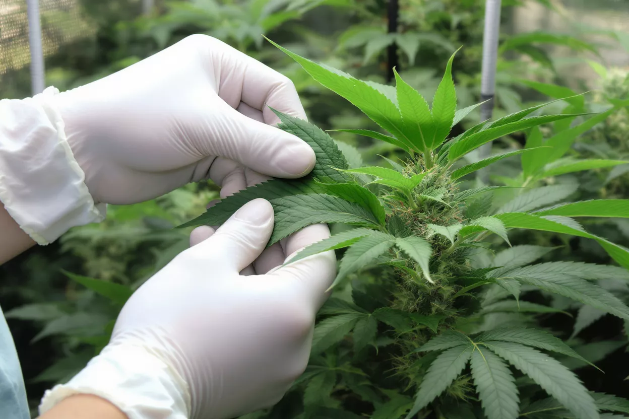 Hands inspecting cannabis leaves in a greenhouse