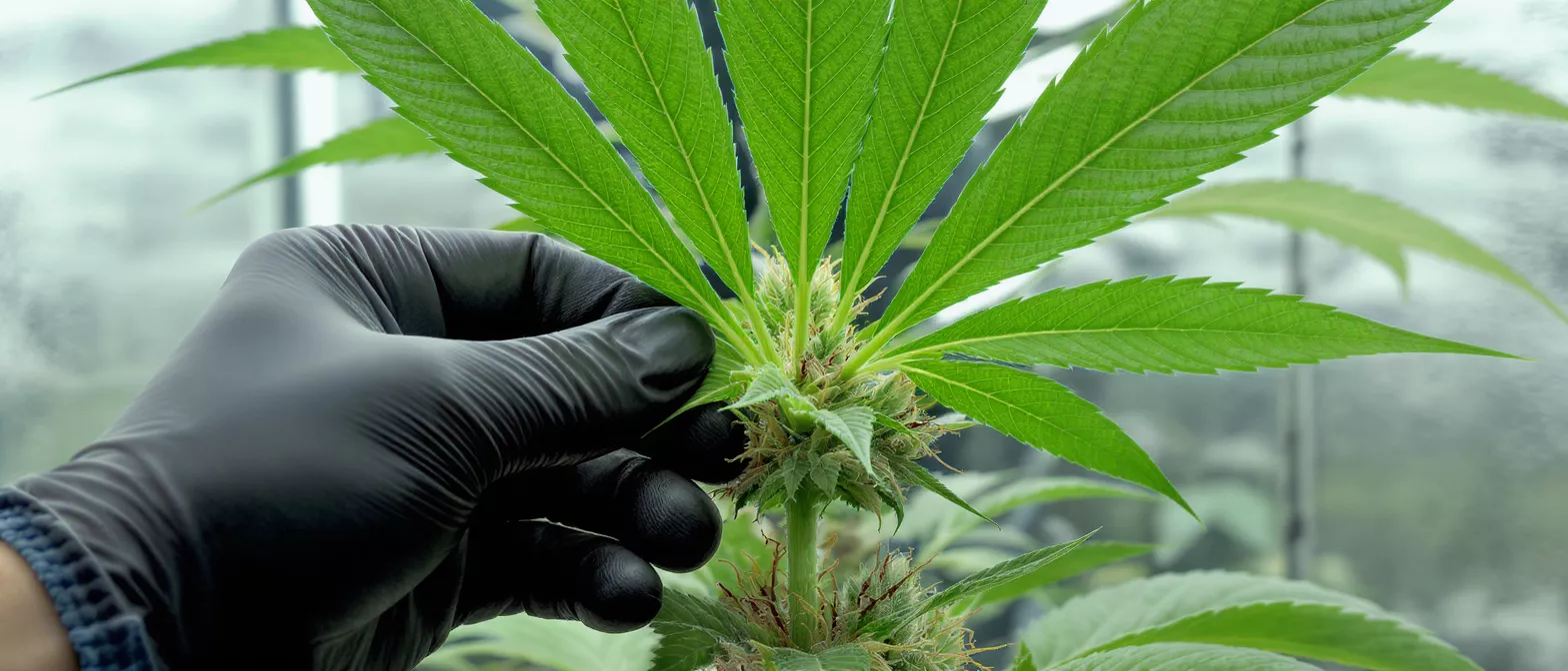 A gloved hand gently inspecting the budding flowers of a vibrant green cannabis plant.