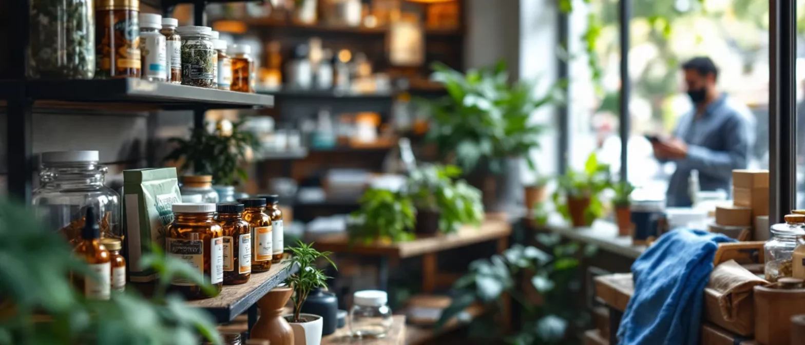 Acogedora tienda de hierbas con estantes de frascos y plantas
