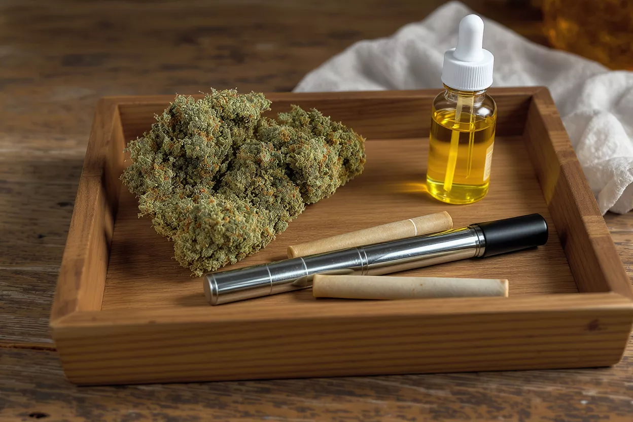 Cannabis buds, CBD oil dropper bottle, and pre-rolls on a wooden tray.
