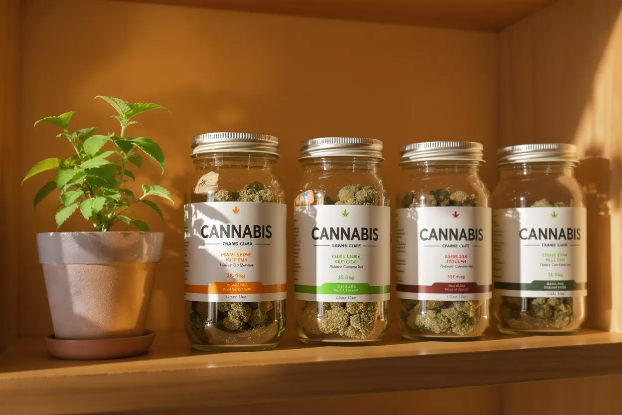 Four labeled cannabis jars and a small potted plant on a wooden shelf.
