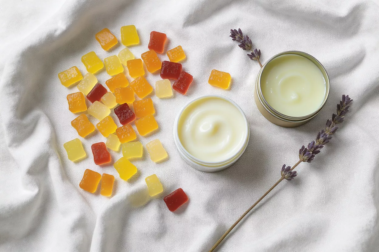 Colorful CBD gummies, two jars of cream, and lavender sprigs on white fabric.