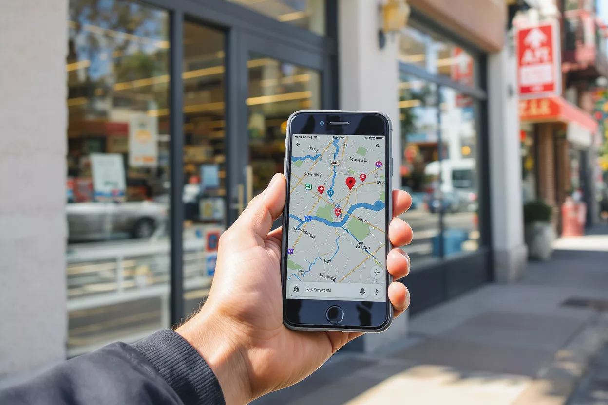 A hand holding a smartphone displaying a map app with location pins.