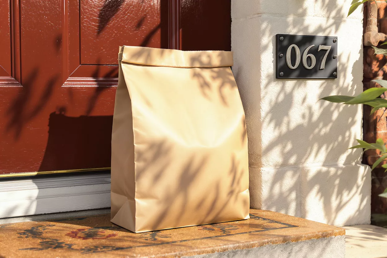 A brown paper delivery bag sits on a doormat in front of a red door.