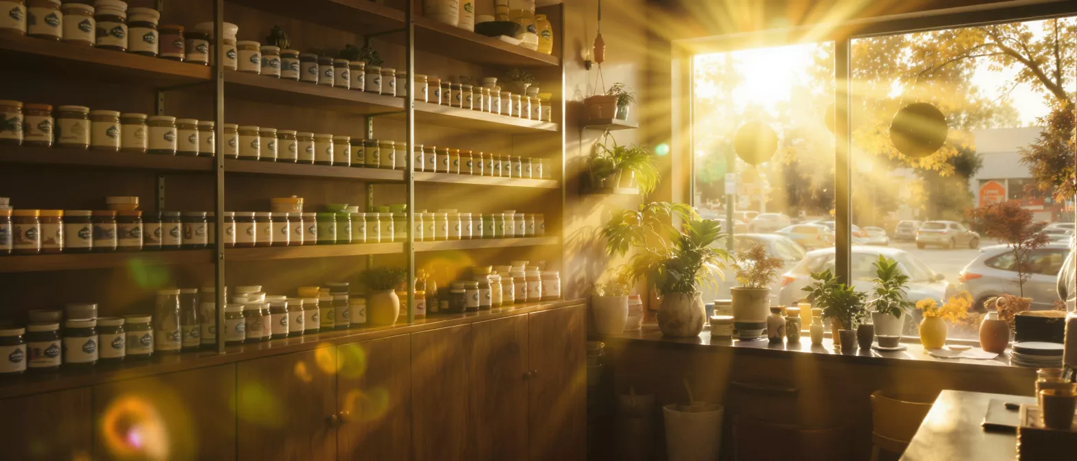 Sunny cafe interior with shelves of jars and plants by a window.