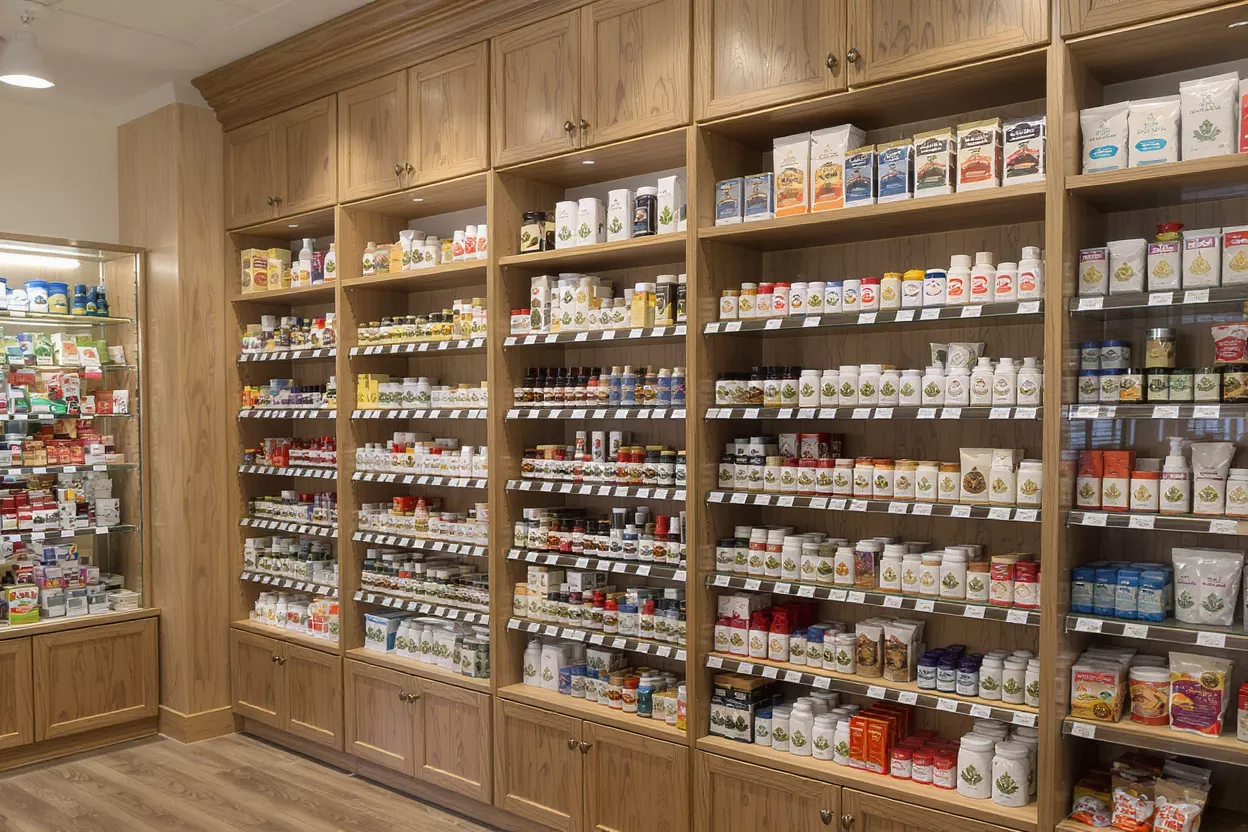 Health Food Store Products Interior of a health food store with wooden shelves filled with supplements and products.