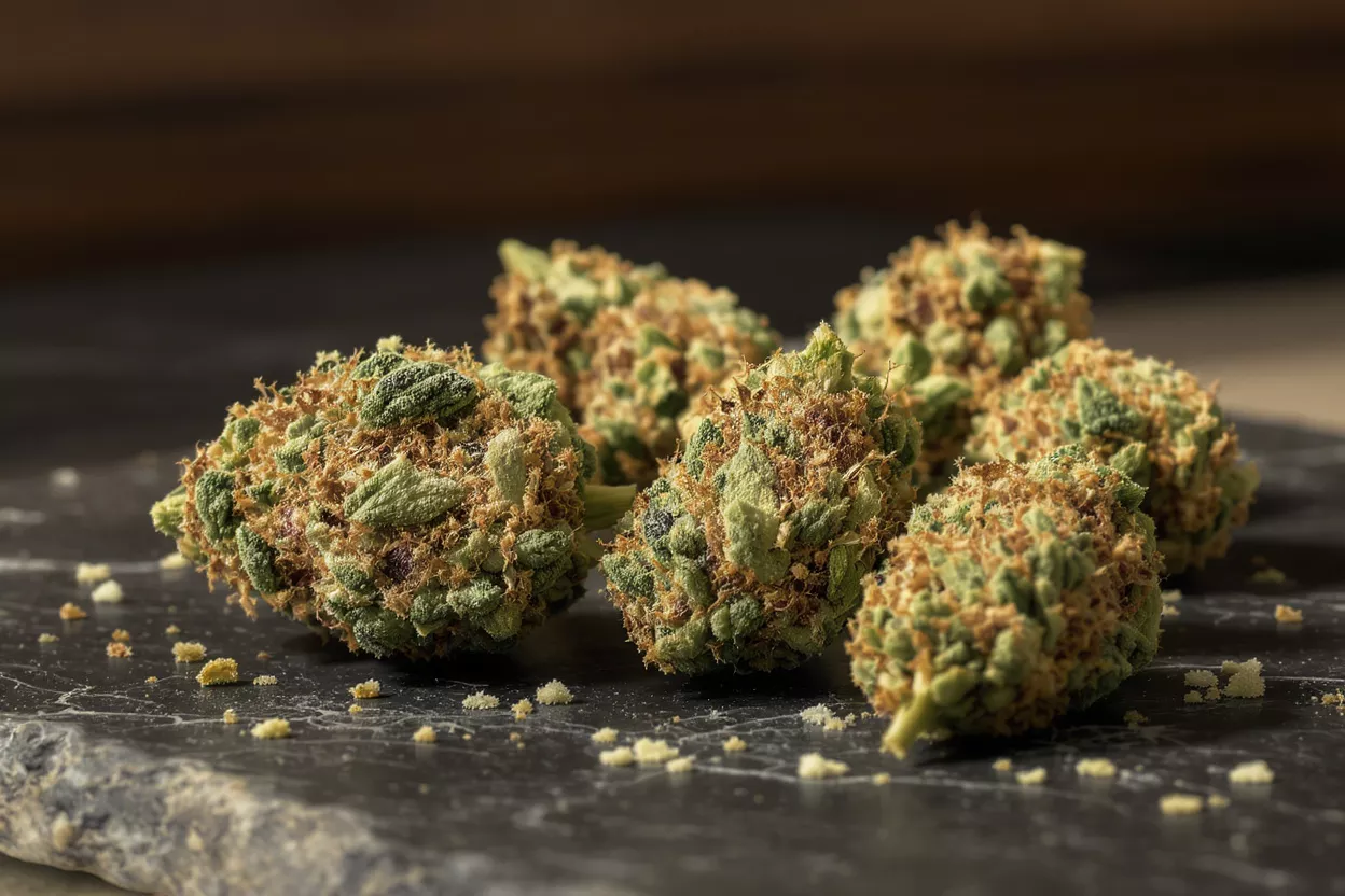 Premium Cannabis Buds Close-up of several cannabis buds with orange hairs on a dark stone surface.