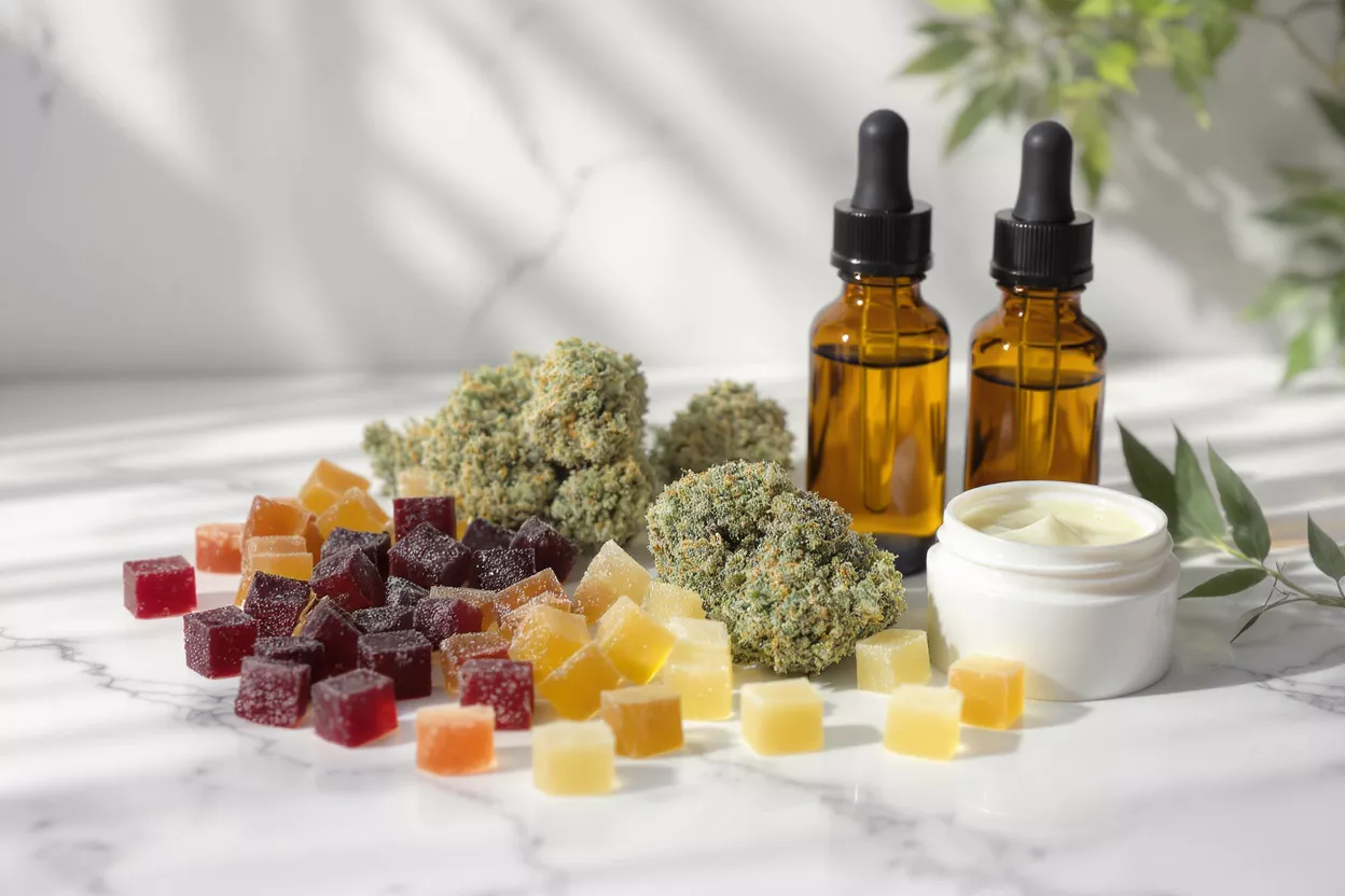 CBD Product Assortment CBD gummies, flower, oil tinctures, and cream on a marble surface.