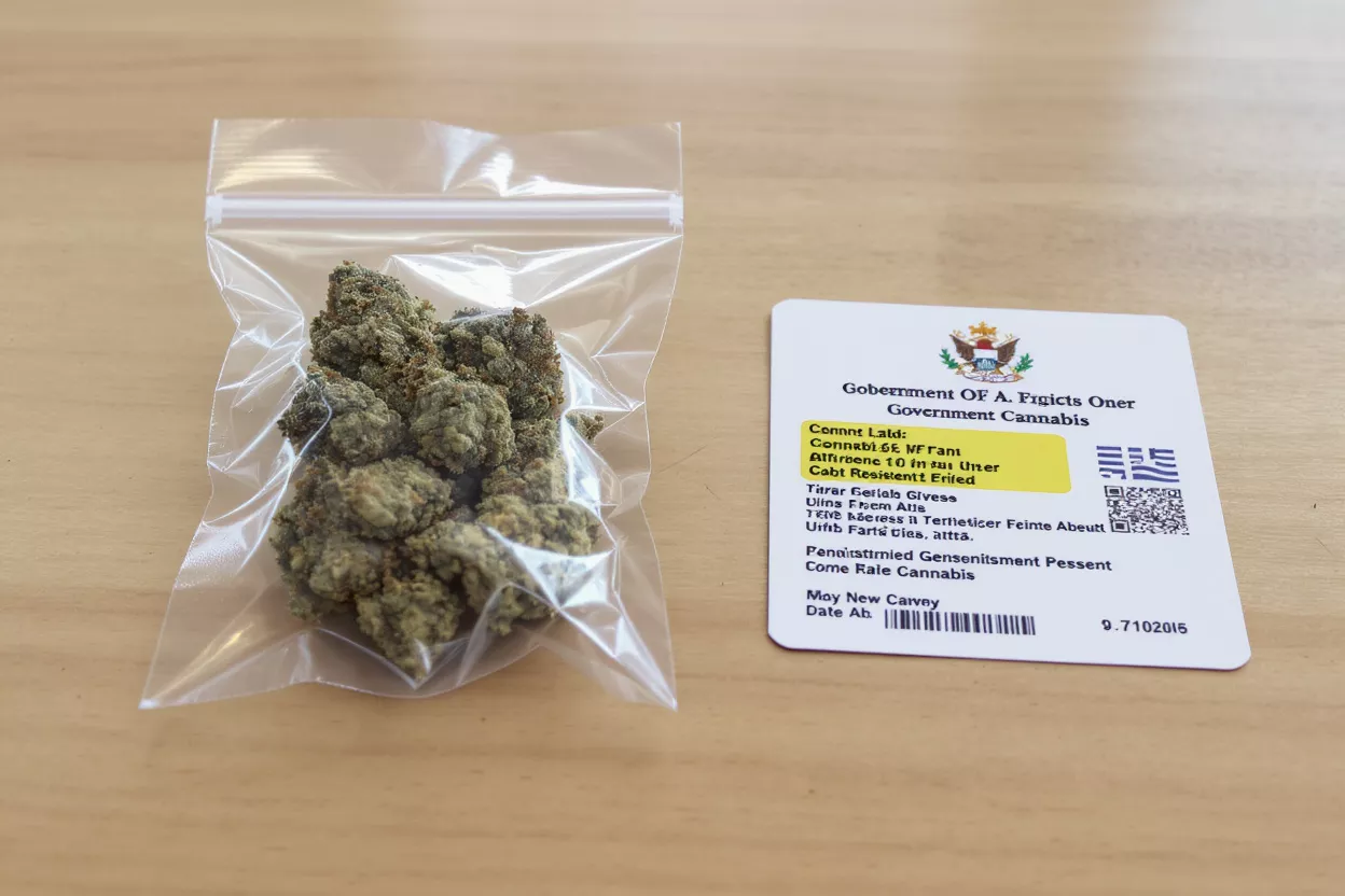 Government Cannabis Bag and Label Cannabis buds in a clear bag next to a government cannabis label.