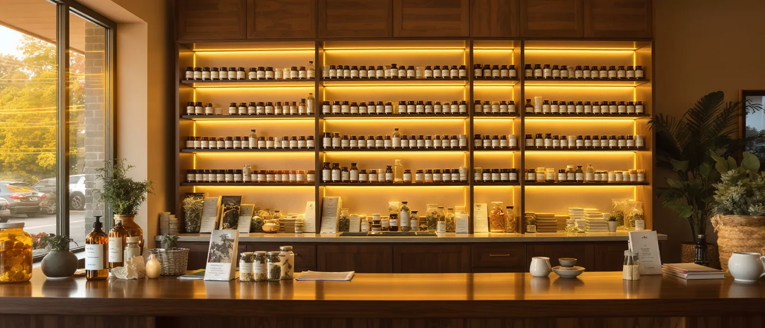 Interior of an herbal apothecary store with shelves of bottles and a counter.