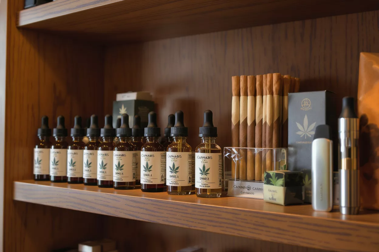 Cannabis Products Display Shelf with various cannabis products including tinctures, pre-rolls, and vape pens.