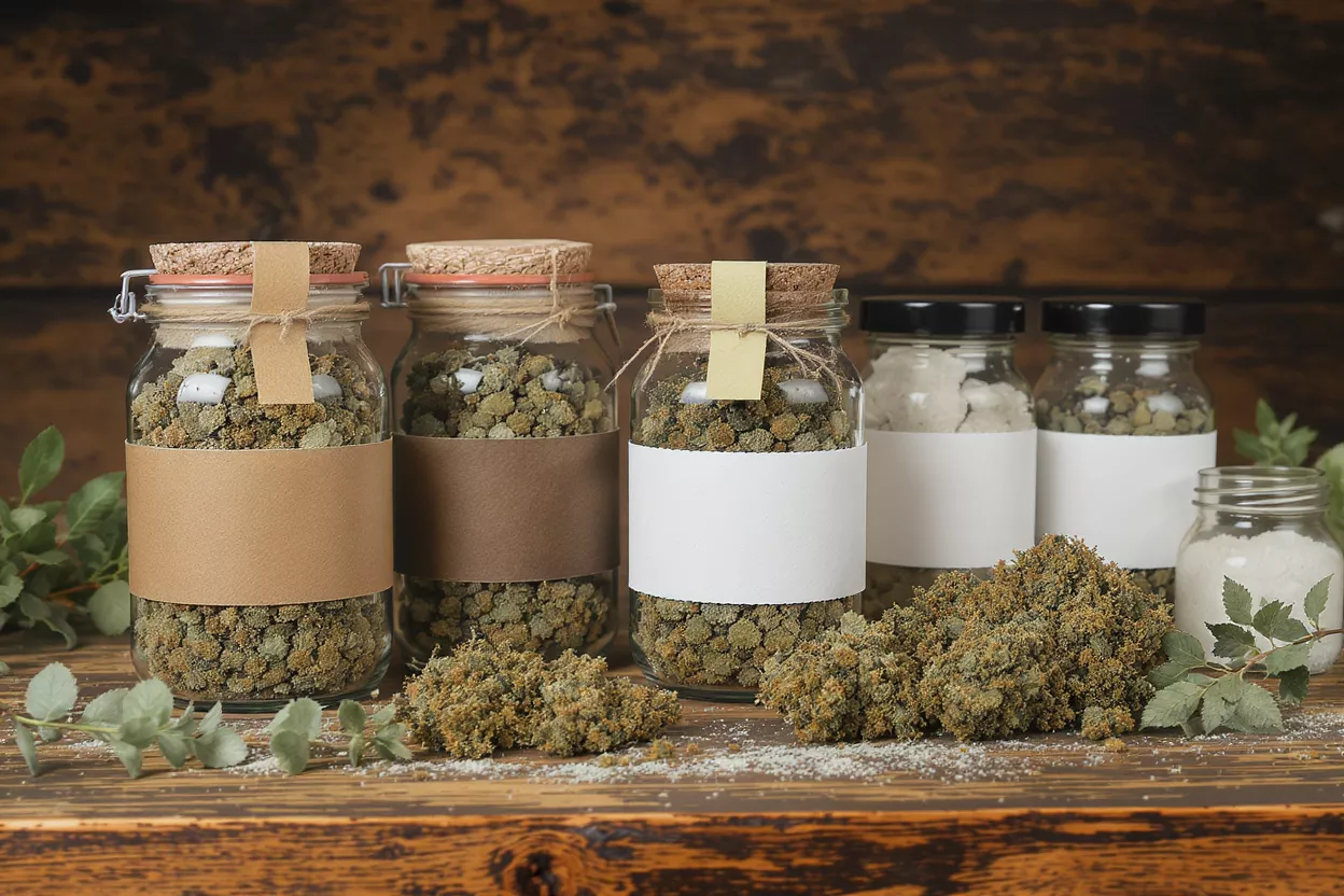 Dried Herbs and Spices in Jars Various jars with dried herbs and spices, some with blank labels, on a wooden surface.
