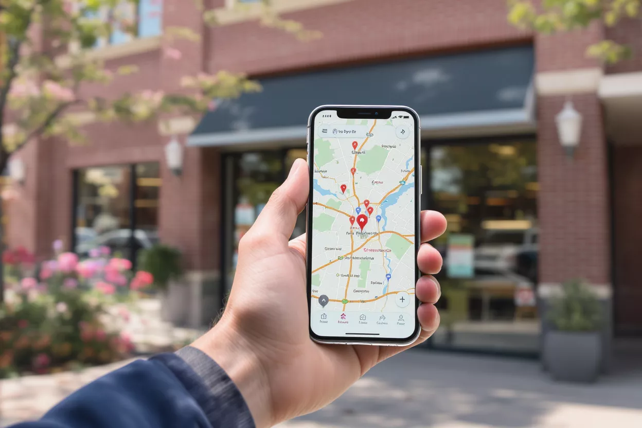 Navigating with Phone Map App A hand holds a smartphone displaying a map application with multiple red pins.