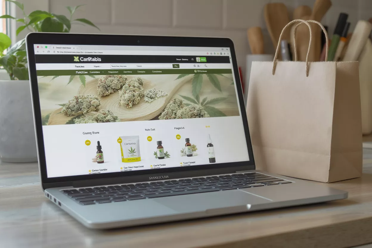 Online Cannabis Shopping Laptop displaying a cannabis e-commerce website next to a brown paper bag.