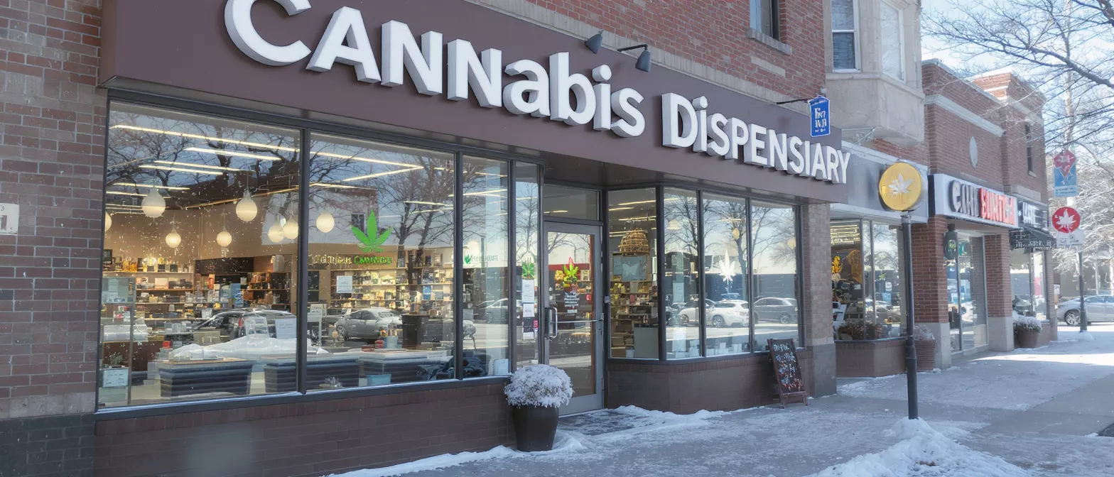 Exterior of a cannabis dispensary with large windows on a snowy street.