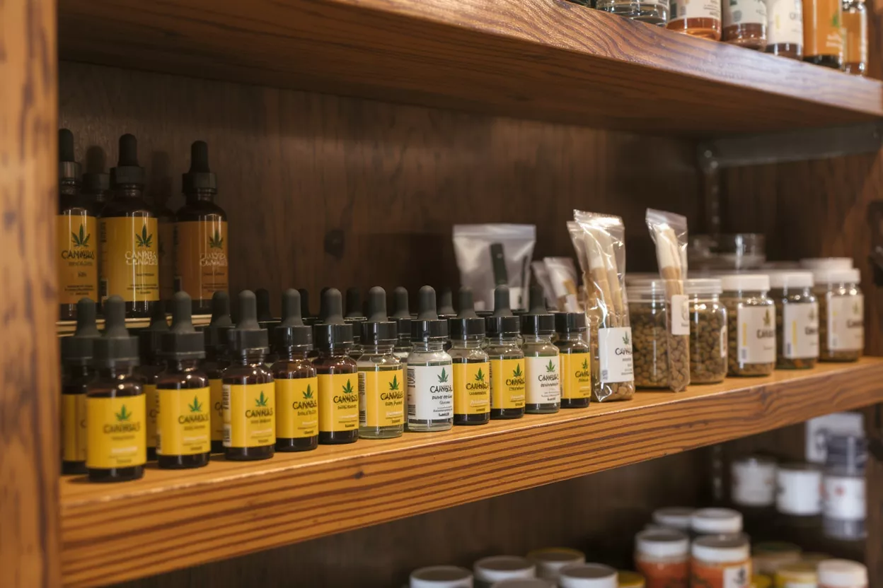 Various cannabis products including oils, tinctures, and edibles on wooden shelves.