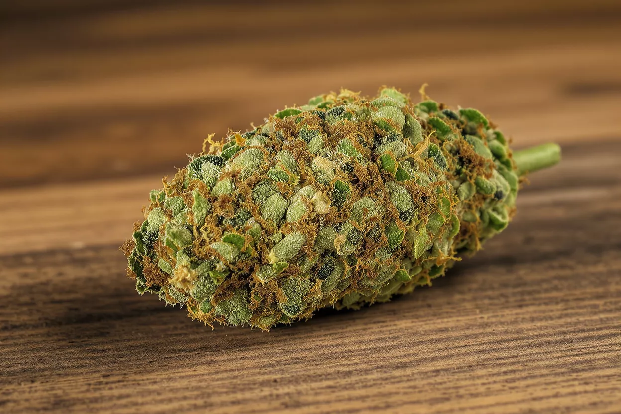 Close-up of a vibrant green cannabis bud with orange hairs on a wooden surface.