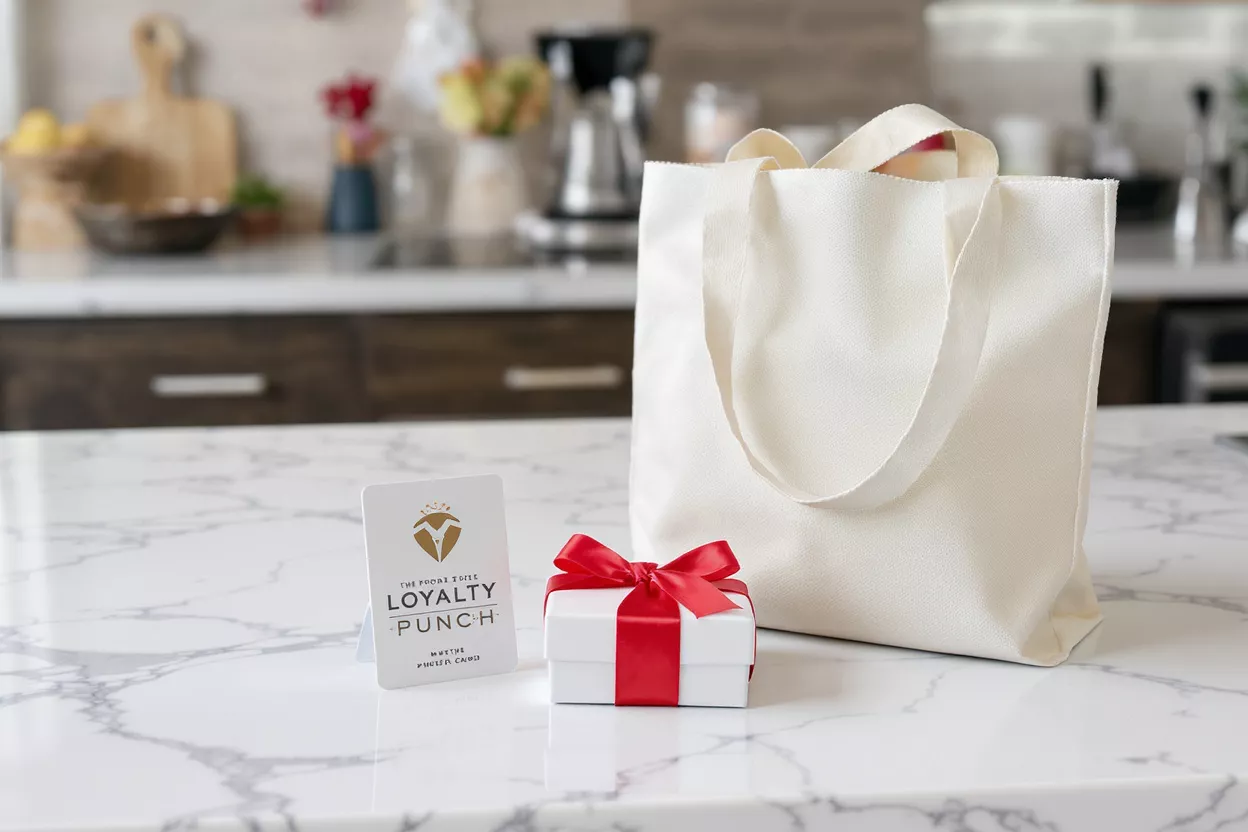 White loyalty punch card, small gift box with red ribbon, and cream tote bag.