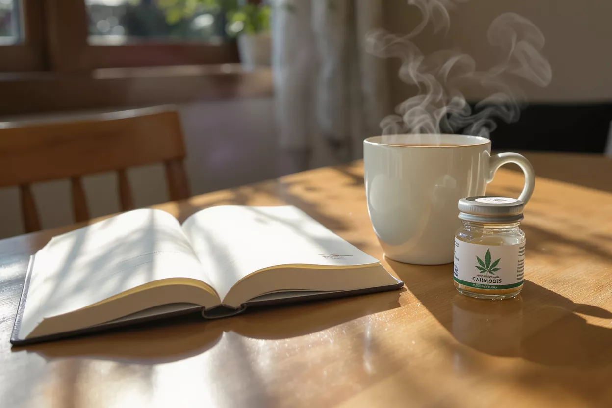 A book, steaming coffee, and a cannabis jar on a sunlit wooden table.