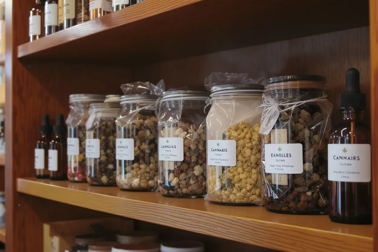 Cannabis Products on Display Glass jars and dropper bottles filled with cannabis products on a wooden shelf.