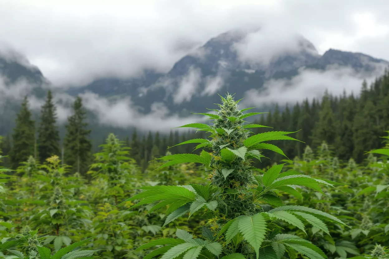 Cannabis Field in Foggy Mountains A vibrant cannabis plant in a field with misty mountains and pine trees.