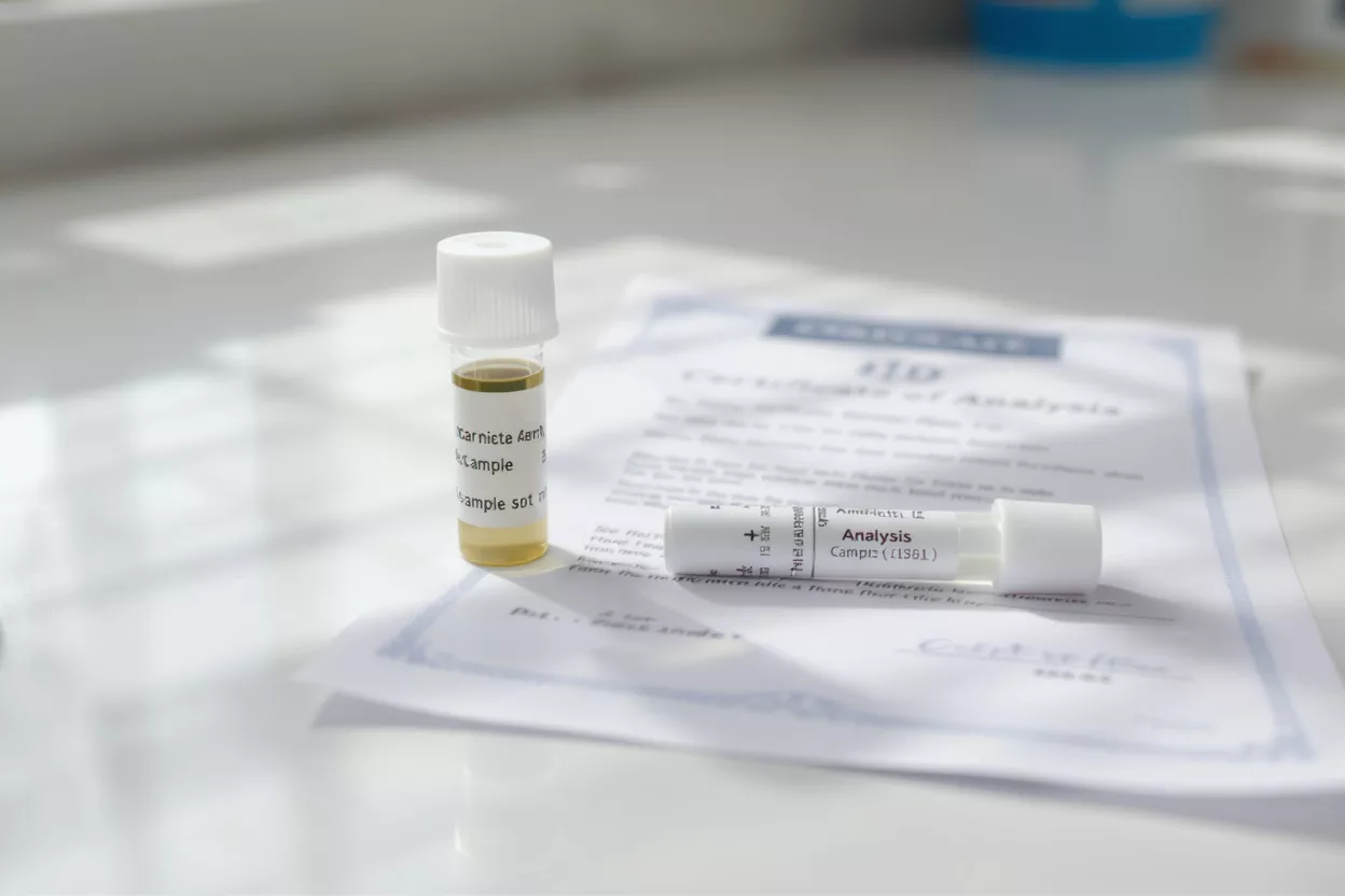 Medical Sample Analysis A medical sample vial, test tube, and analysis certificate on a white surface.