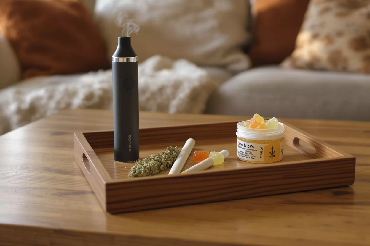Cannabis Products on Wooden Tray Cannabis vape, flower, pre-rolls, and edibles on a wooden tray, with smoke.