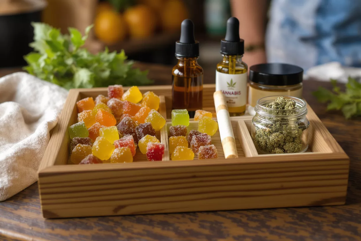 Cannabis Products Display A wooden tray holding an assortment of cannabis products: gummies, oils, and flower.