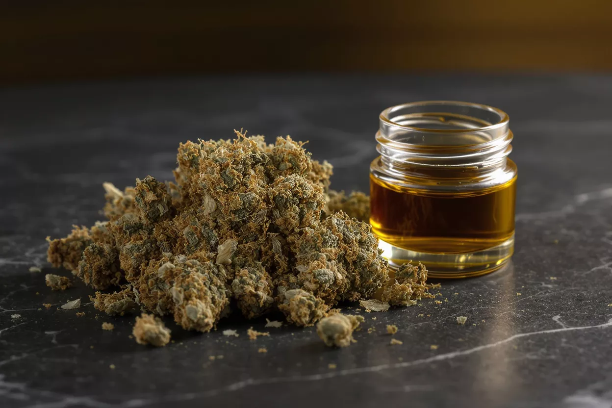 Cannabis Buds and CBD Oil A pile of dried cannabis buds next to a small jar of amber CBD oil.