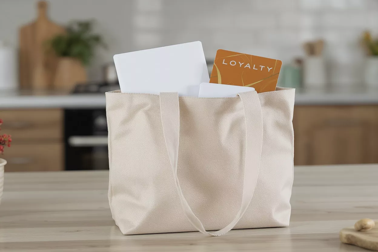 Loyalty Card in Tote Bag Close-up of a loyalty card and white cards in a beige tote bag.