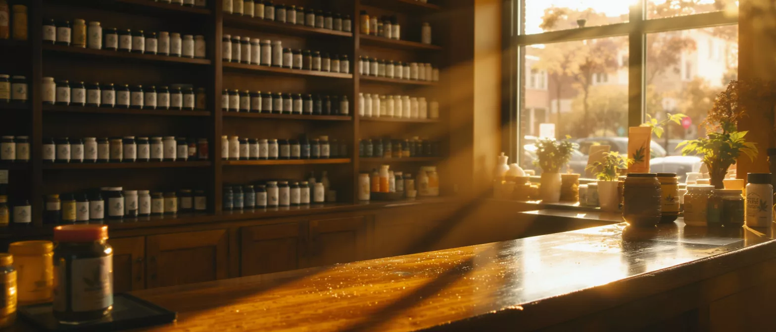 Sunlit apothecary shop interior with shelves of jars and a wooden counter.