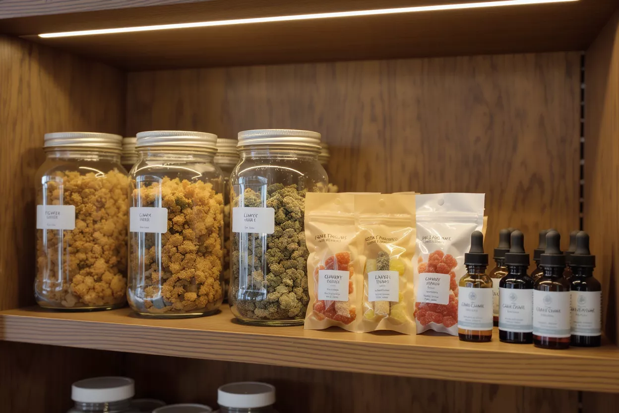 Various cannabis products including flower, gummies, and tinctures on a wooden shelf.