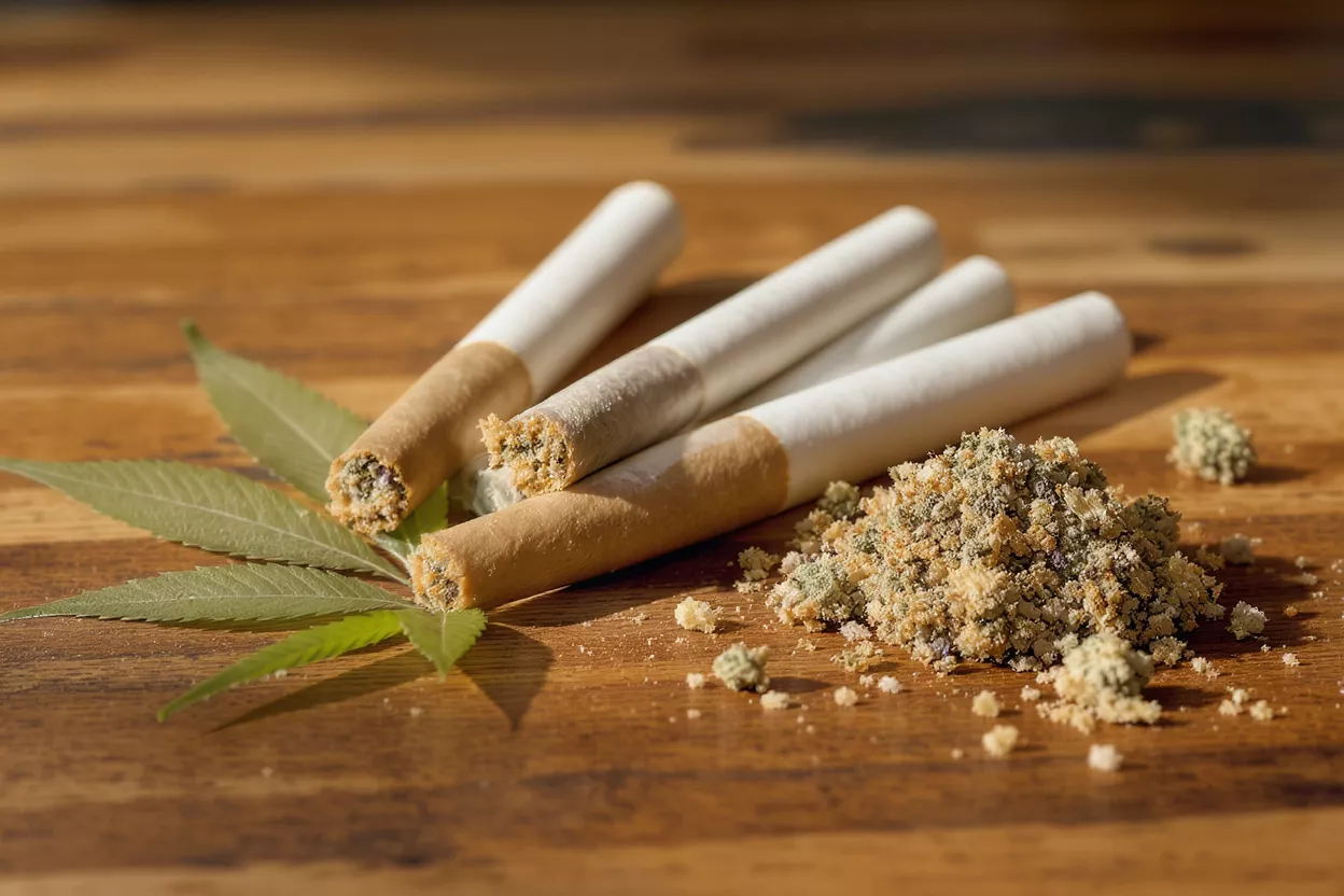 Three cannabis pre-rolls, kief, and cannabis leaves on a wooden surface.