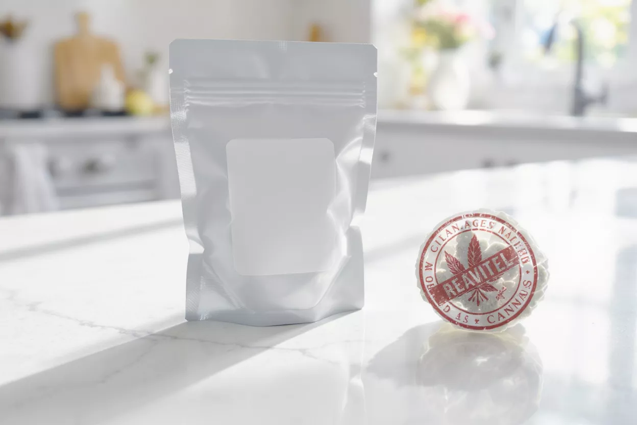 White stand-up pouch and round cannabis stamp on a kitchen counter.
