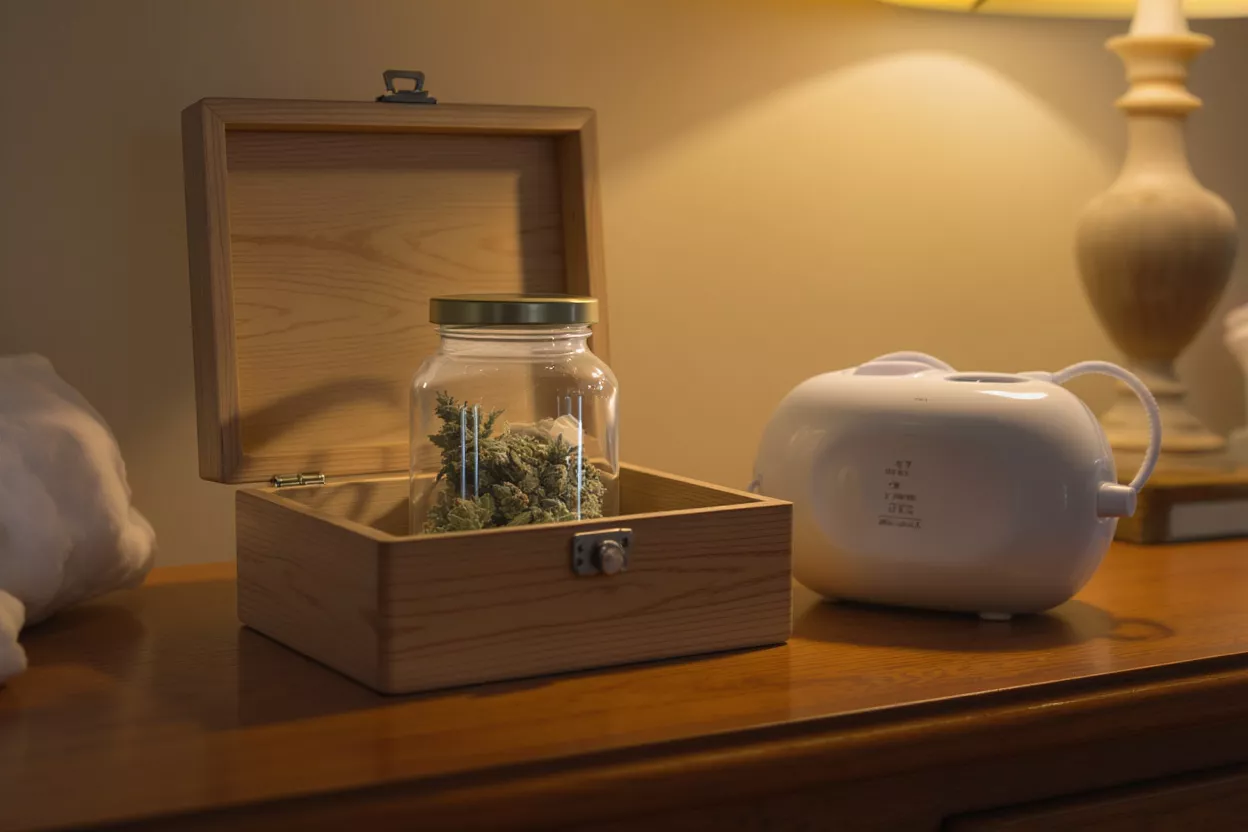 A glass jar of cannabis buds inside an open wooden box on a wooden surface.