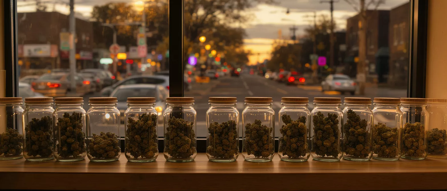 Row of glass jars filled with cannabis buds on a window ledge overlooking a city street.