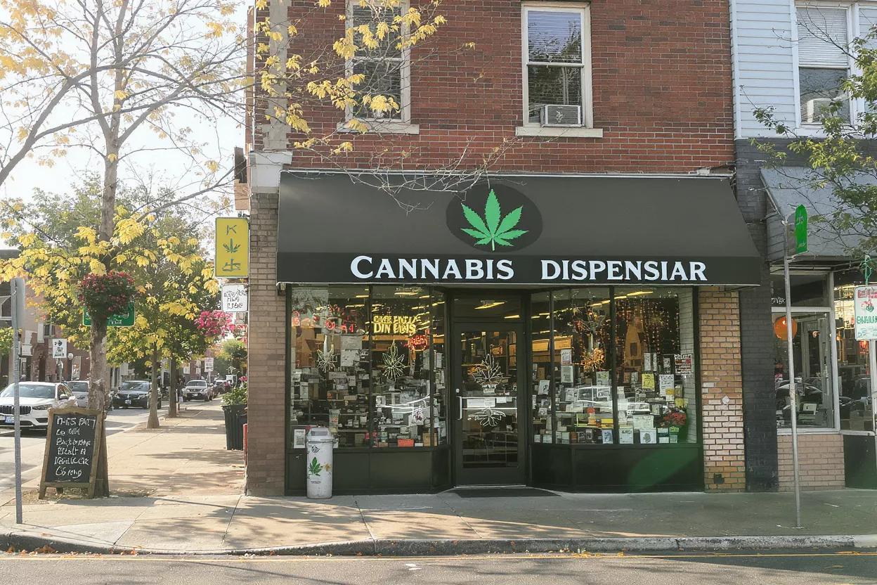 Cannabis Dispensary Storefront Exterior view of a cannabis dispensary with a green leaf logo and a busy street.