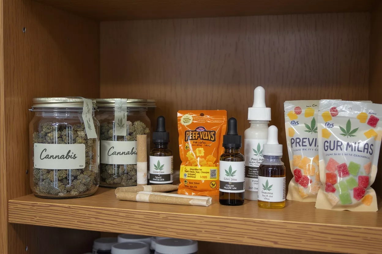 Cannabis Products Display A shelf displaying various cannabis products including jars of flower, edibles, and oils.