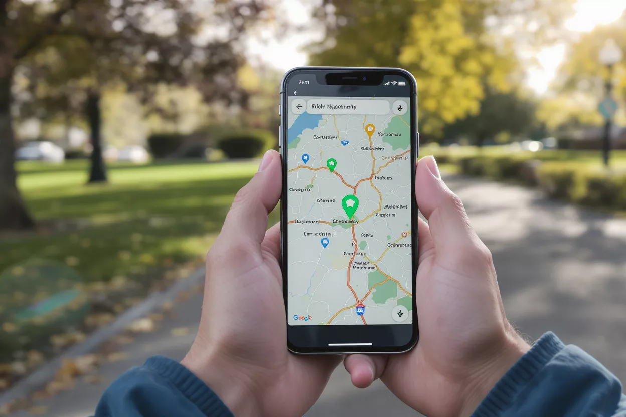 Person Holding Phone with Map App Close-up of hands holding a smartphone displaying a map application outdoors.