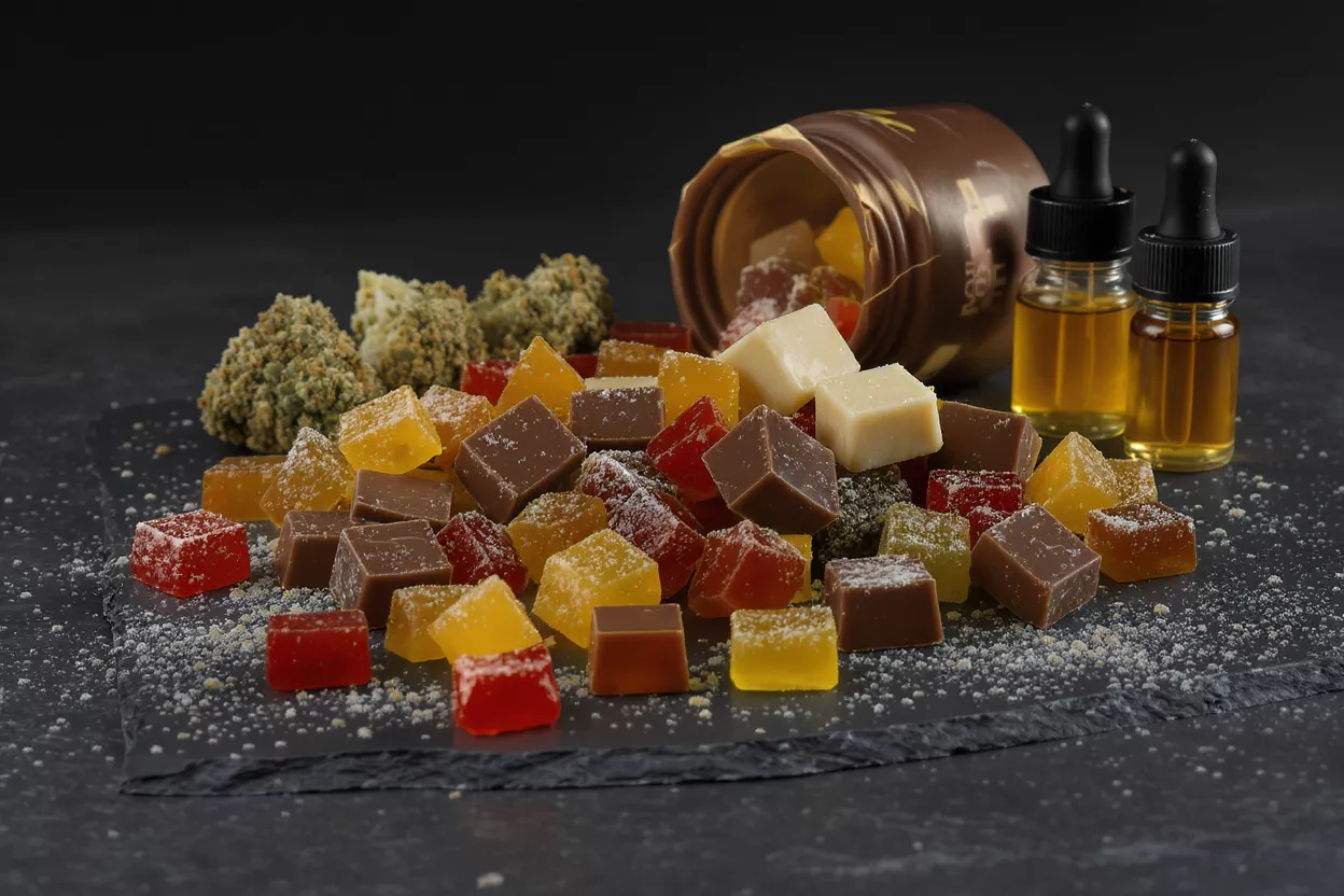 Assorted Cannabis Products Colorful cannabis edibles, tinctures, and flower buds on a dark surface.