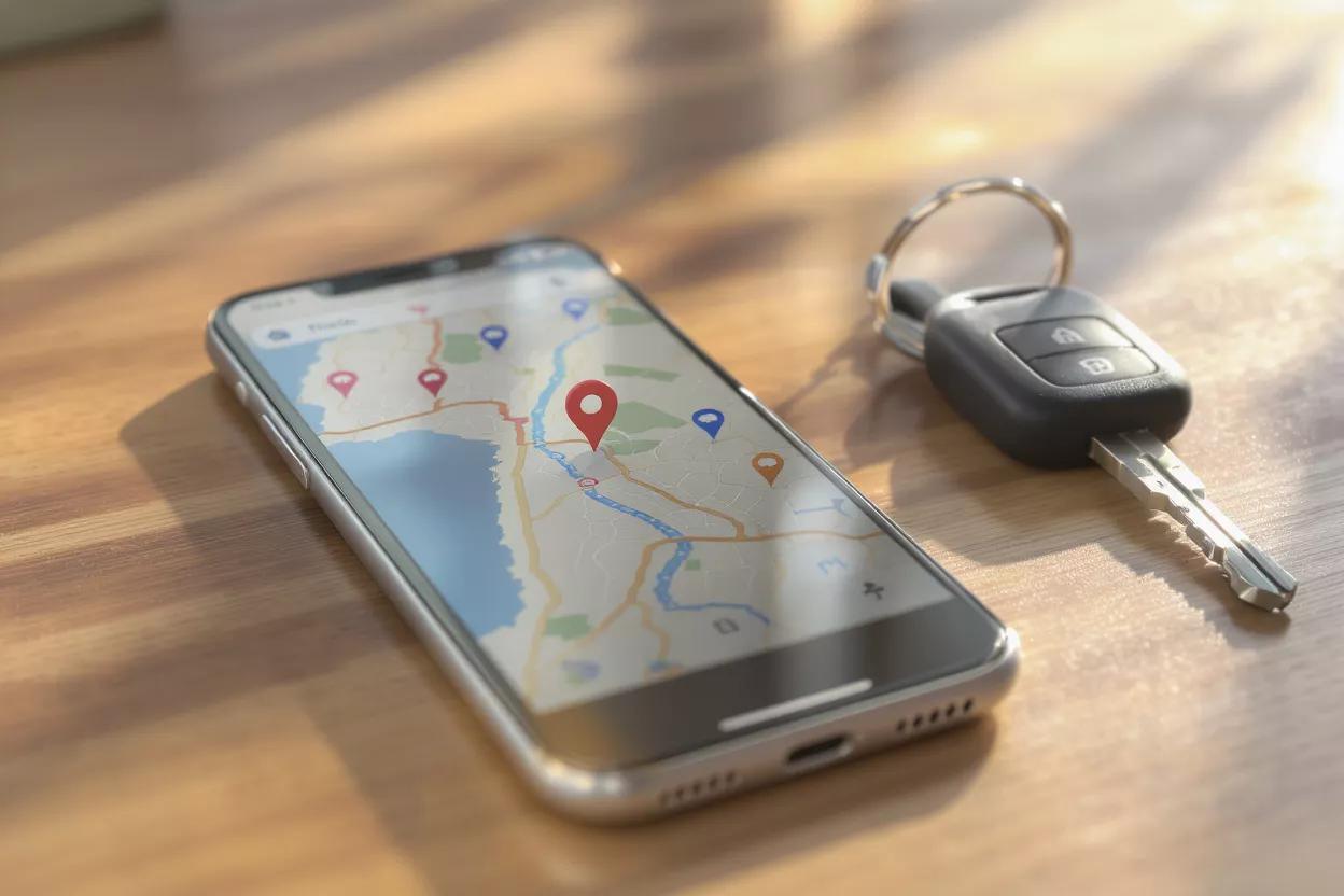 Phone Map and Car Keys Smartphone displaying a map with a red pin next to car keys on a wooden table.