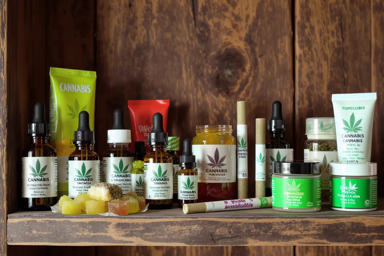 Assorted Cannabis Products on Shelf Various cannabis products including tinctures, edibles, and topicals on a wooden shelf.